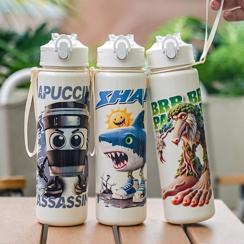 Cartoon Water Bottle PC Plastic Portable Straw Cup With Carrying Strap And Safety Lock For Outdoor Sports Travel Kids