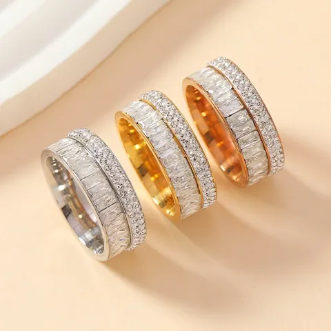 Luxury Stainless Steel Ring For Women With Baguette Cut Cubic Zirconia Geometric Fashion Jewelry Wide Band