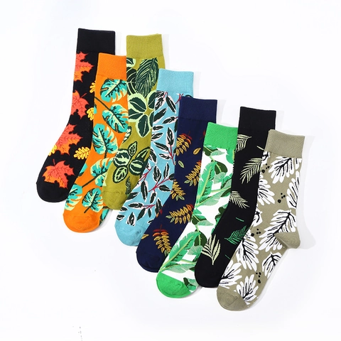 Crew Sokken Middelhoge Buis Katoen Ademend Trendy Plantenbladpatroon Casual Beenmode Voor Heren Dames Comfortabel