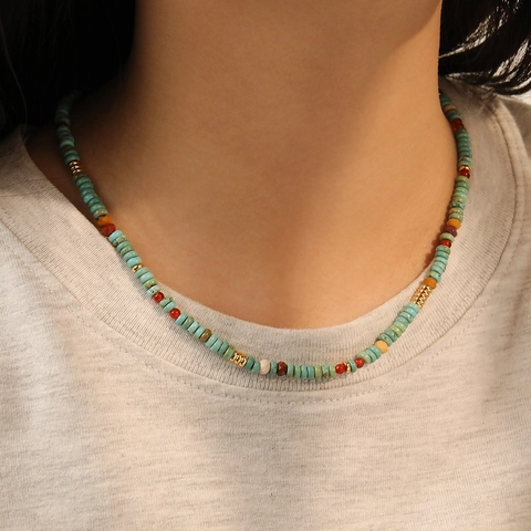 Set Collana e Braccialetto con Perline in Pietra Naturale Fatto a Mano Turchese Diaspro Perla d'Acqua Dolce Gioielli Bohémien per Donna