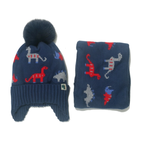 Conjunto De Gorro Tejido Y Calentador De Cuello Para Niños Acrílico Forro Polar Patrón De Dinosaurio Invierno Cálido