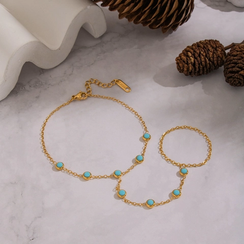 Turquoise Hand Chain Bracelet With Ring 18K Gold Plated Stainless Steel Bohemian Vintage Jewelry For Women Waterproof