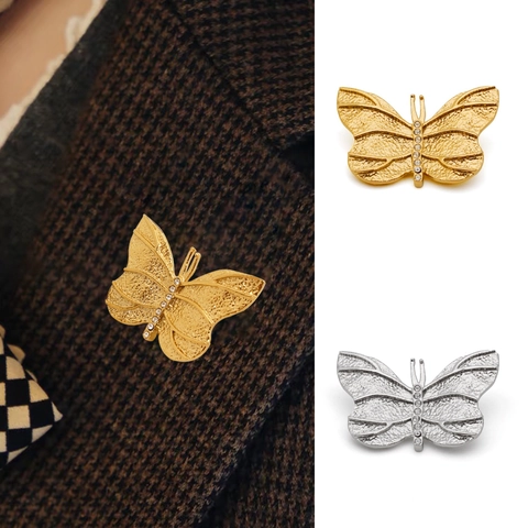 Elegant Butterfly Brooch Stainless Steel 18K Gold Plated Hammered Texture Cubic Zirconia Inlaid Fashion Clothing Accessory For Women