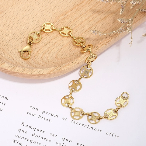 Bracciale In Acciaio Inossidabile Geometrico Cavo Rotondo Moneta Catena Gioielli Per Donne Spiaggia Estate Casual Elegante Finitura Lucida