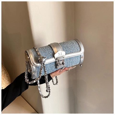 Damen Denim Strass Zylinder Tasche Mode M-Buchstabe Schloss Kette Schultertasche Schicke Umhängetasche Glitzer PU Besatz