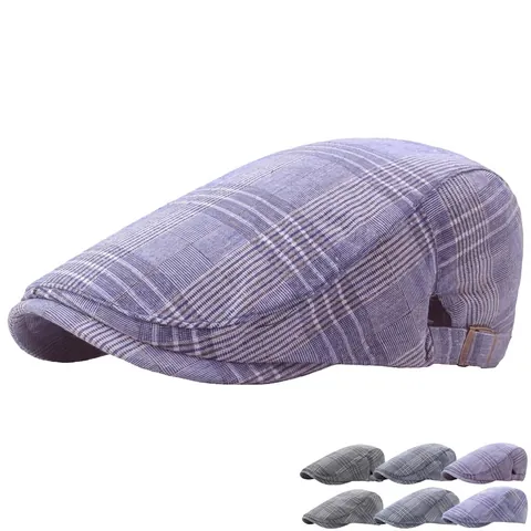 Vintage British Plaid Flat Cap Adjustable Polyester Cotton Blend Ivy Hat Breathable Outdoor Sunshade Cabbie Painter Cap