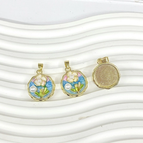 Pendentif Fleur Rond Cuivre Émail Imitation Künstliche Perle Monet Jardin Rose Style Peinture À L'Huile Vintage Plaqué Or