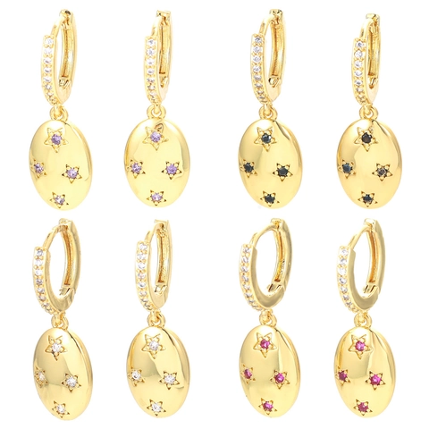 Oval Pendant Star Hoop Earrings With Micro Paved Colorful Cubic Zirconia Brass 18K Gold Plated Trendy Jewelry