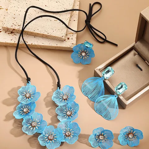 Blue Hollow Flower Jewelry Necklace Dangle Earrings Stud Earrings And Ring Alloy Crystal Rhinestone Oversized Bohemian