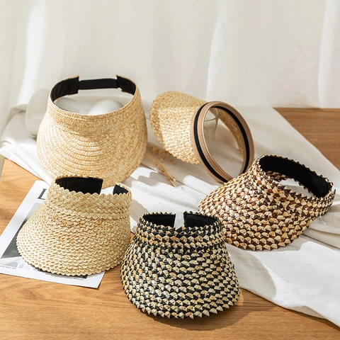 Women Wheat Straw Sun Visor Hat Open Top Woven Beach Hat Summer UV Protection Wide Brim Foldable Casual Daily Travel Visor