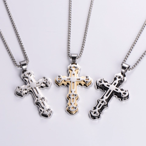 Cross Pendant Necklace 316L Stainless Steel Multi Layer Rivet Punk Hip Hop Style Jewelry Gift For Men