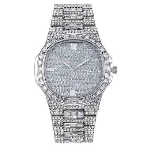 Luxus Iced Out Quarzuhr Voller Strass Diamant Metallband Datum Kalender Mode Frauen Männer