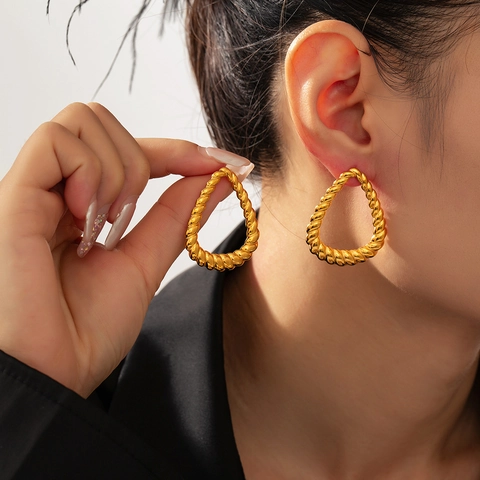 Twisted Teardrop Stud Earrings Titanium Steel Gold Plated Geometric Spiral Rope Textured Chic Minimalist Jewelry Women