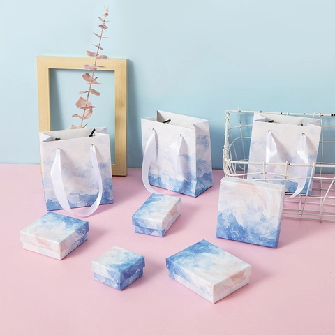 Watercolor Cloud Pattern Jewelry Box And Gift Bag For Necklace Earring Ring Paper Packaging Elegant Storage
