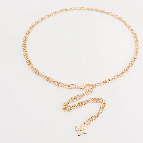 Women Waist Chain Belt Gold Metal Hollow Link Adjustable Dress Decoration Rhinestone Four-Leaf Clover Pendant Elegant