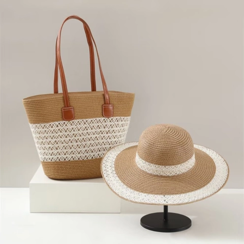 Straw Tote Bag And Wide Brim Sun Hat Woven Beach Shoulder Handbag Summer Vacation Fashion Accessory For Women