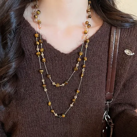 Retro Layered Beaded Necklace Tigers Eye Glass Crystal Copper Chain Maillard Style Long Sweater Jewelry For Women