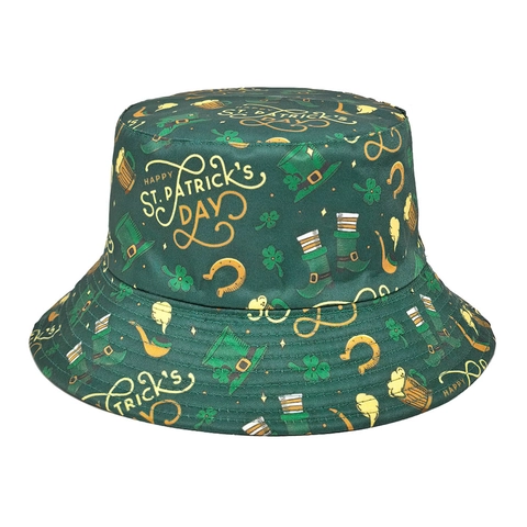 Chapeau Bob Saint Patrick Imprimé Trèfle Réversible Protection Solaire Polyester Extérieur Festival Femmes Hommes Vert