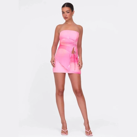 Set Top A Tubo E Minigonna Poliestere Spandex Rosa Tie Dye Arricciato Coulisse Asimmetrico Estate Sexy Moda