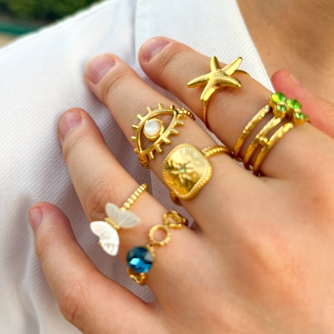 Vintage Stainless Steel Open Ring For Women Gold Plated French Style Natural Stone White Shell Starfish Geometric Jewelry Gift