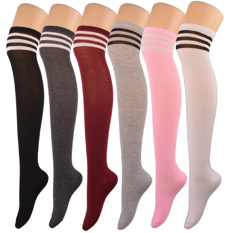 Women Thigh High Socks Over Knee Triple Stripe Knit Polyester Spandex Solid Color Japanese School Style Cosplay