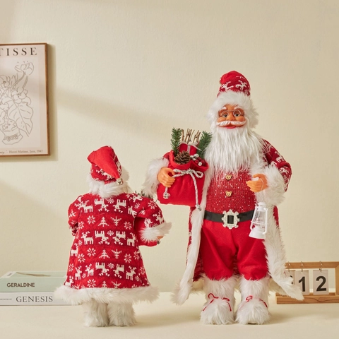 Standing Santa Claus Figurine Ornament Christmas Decoration Fabric Plastic With Lantern Gift Bag Traditional Decor