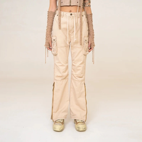 Women High Waist Cargo Pants Cotton Flared Multi-Pocket Zipper Hem Streetwear Casual Long Trousers Solid Wheat Color