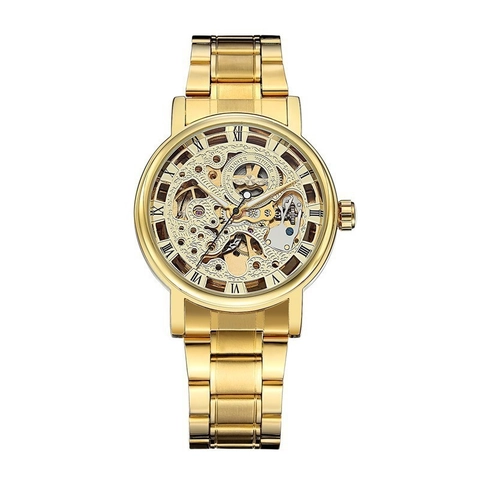 Automatic Mechanical Watch Skeleton Dial Stainless Steel Band Roman Numerals Transparent Back Casual Luxury Business