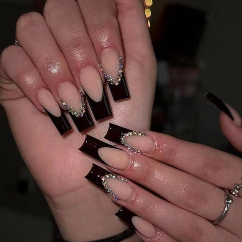 Unghie Finte Lunghe Coffin French Nera Strass Lucide Rosa Nude Donne Colla Gelatina Lima Per Unghie