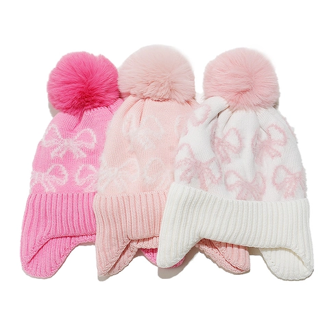Gorro De Punto Para Niños Protección Para Los Oídos Pompon De Piel Sintética Lazo Jacquard Cálido Invierno Para Niñas