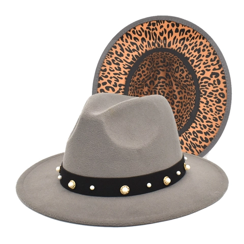 Fedora Hat Wool Felt Leopard Print Lining Wide Brim Artificial Pearl Rivet Band Vintage Jazz Style Fashion Headwear For Women