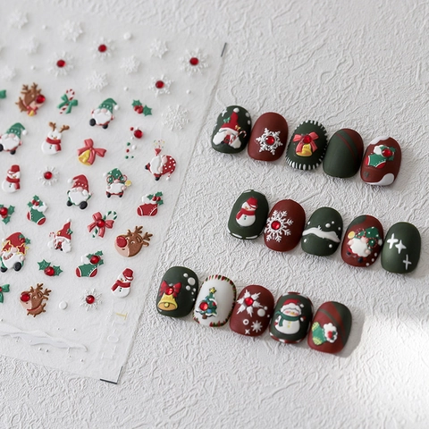 Christmas Nail Stickers 5D Embossed Relief Santa Snowman Reindeer Snowflake Adhesive Decals Winter Holiday DIY Manicure