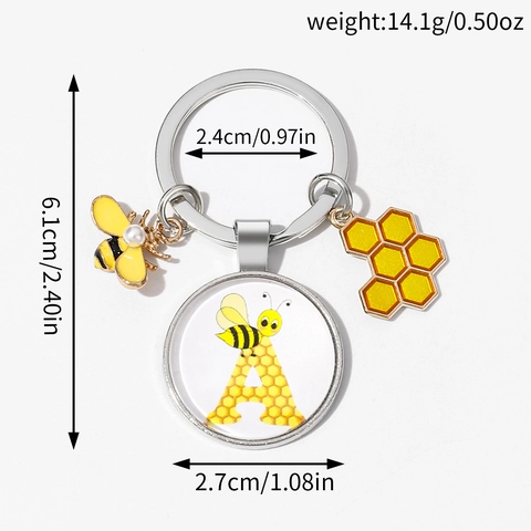 Llavero con Letra Inicial de Abeja y Panal Lindo para Mujer Colgante de Cúpula de Vidrio de Aleación de Metal Llavero Regalo de Joyería