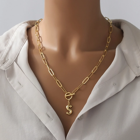 Alphabet Initial Pendant Necklace Gold Plated Copper Paperclip Chain With Toggle Clasp Fashion Jewelry For Women