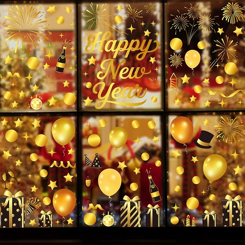 Autocollants De Fenêtre Bonne Année Or Noir Feux D Artifice Ballons Décalcomanies Statiques Verre Décoration De Fête