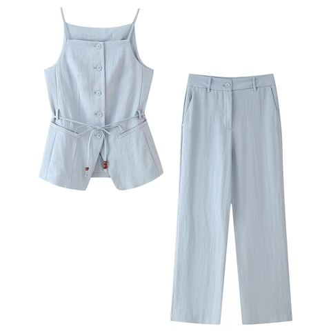 Women Camisole Button Top And Long Straight Pants Polyester Breathable Drawstring Waist Wood Beads Sleeveless Casual Summer Outfit