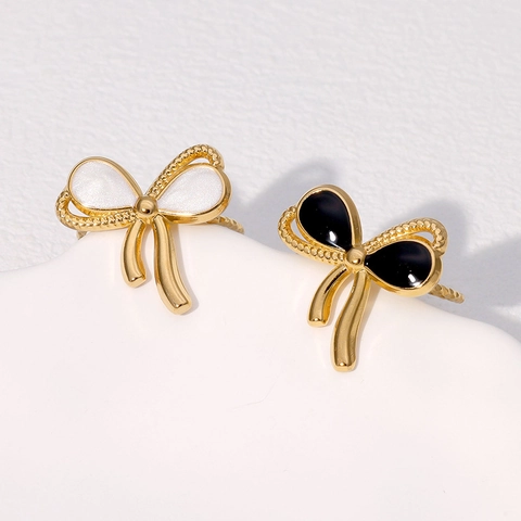 Bague Ouverte Noeud En Acier Inoxydable Plaqué Or 18K Émail Bijou De Doigt Réglable Pour Femme Style Minimaliste