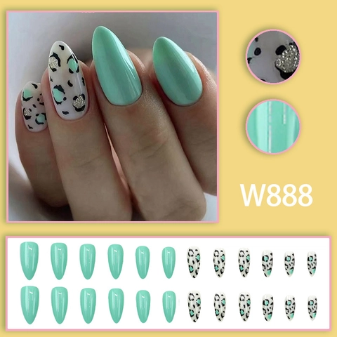 Press On Nails Long Almond Mint Green Leopard Print Glossy Artificial False Nail Tips For Women Daily Party Manicure