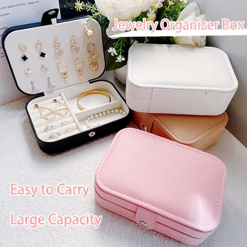 Portable Jewelry Box Organizer PU Leather Double Layer Storage Case With Mirror For Rings Earrings Necklaces Travel Gift
