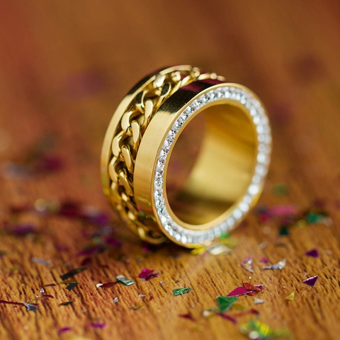 Anillo Ancho De Eslabones De Cadena De Acero Inoxidable Chapado En Oro Con Pedrería Lateral Joyería Hip Hop Moda