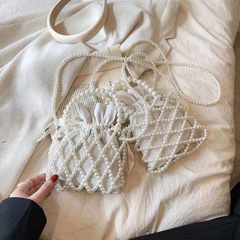 Borsa A Tracolla In Künstliche Perle Artificiali Stile Francese Vintage Elegante Borsa A Secchiello Intrecciata Svuotata Con Pochette In Tela Con Coulisse