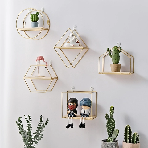 Wall Mounted Floating Shelf Nordic Geometric Iron Wood Storage Rack Decorative Display Organizer For Home Decor