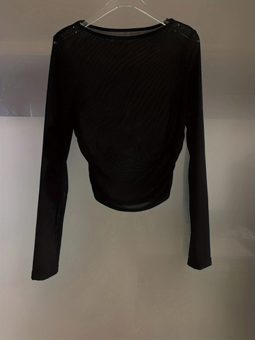 Women Sheer Mesh Top Long Sleeve Slim Fit Round Neck Solid Color Polyester Sexy See Through Bodycon Undershirt