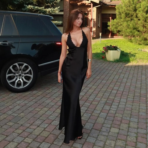 Sexy Deep V Neck Backless Maxi Dress Satin Lace Splicing Spaghetti Strap Slim Fit Evening Party Gown For Women