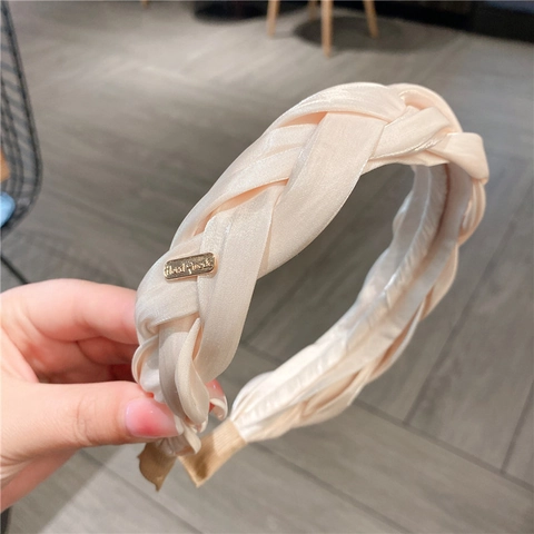 Twisted Braid Headband Satin Fabric High Top Elegant Wide Hair Hoop For Women Handmade Metal Tag
