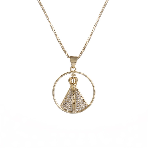 Collana Con Ciondolo In Rame Micro Intarsiato Zircone Tondo Corona Vergine Maria Hip Hop Gioielli Da Uomo Placcato Oro
