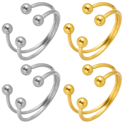 304 Stainless Steel Adjustable Open Ring For Women Minimalist Fashion Double Row Ball Band Non-fading Jewelry Finger Ring