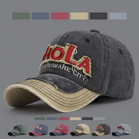 Berretto Da Baseball In Cotone Lavato Vintage Americano Patchwork Ricamo HOLA Retrò Cappello Da Sole Regolabile Unisex