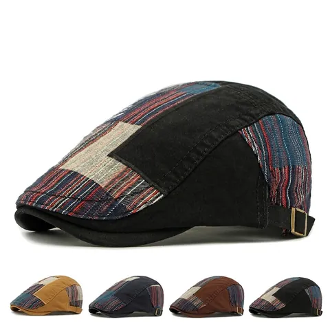 Vintage Patchwork Flat Cap Cotton Canvas Retro Ivy Hat Adjustable British Style For Men Women