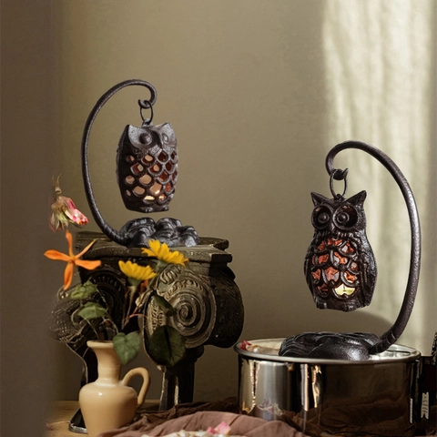 Retro Gietijzeren Kandelaar Holle Uil Vis Ontwerp Met Hangende Standaard Metalen Desktop Decoratieve Lantaarn